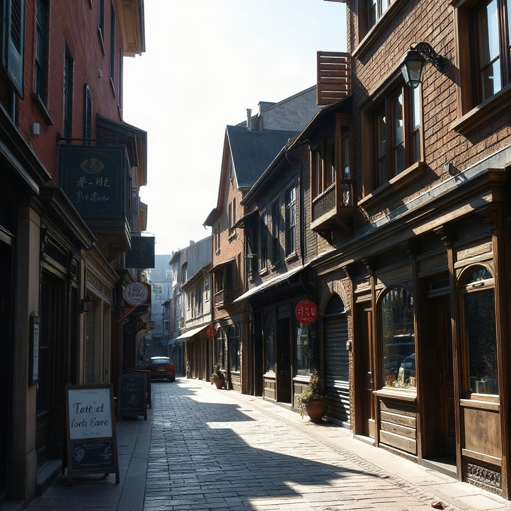 Old town street with wooden shop fronts in afternoon light